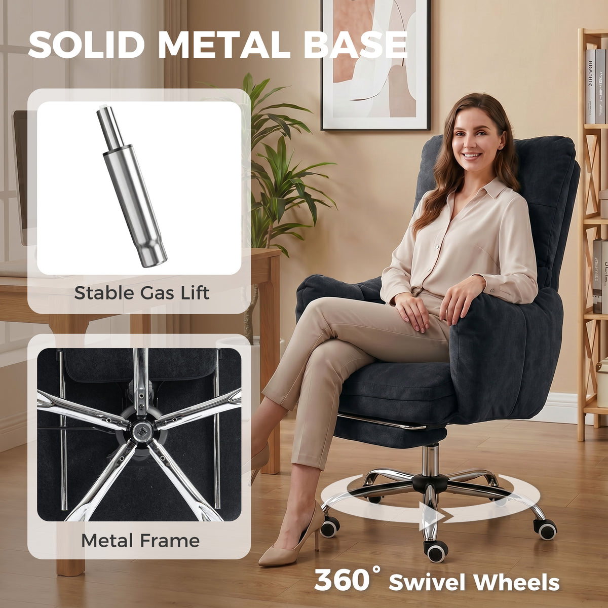 Office Chair with Footrest, Ergonomic Reclining Computer Gaming Chair with Snow Flannel Fabric, Black