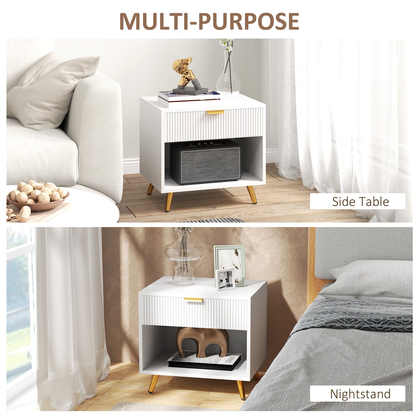 Modern White Fluted Panel Nightstand with Drawer, Open Storage, Gold Legs