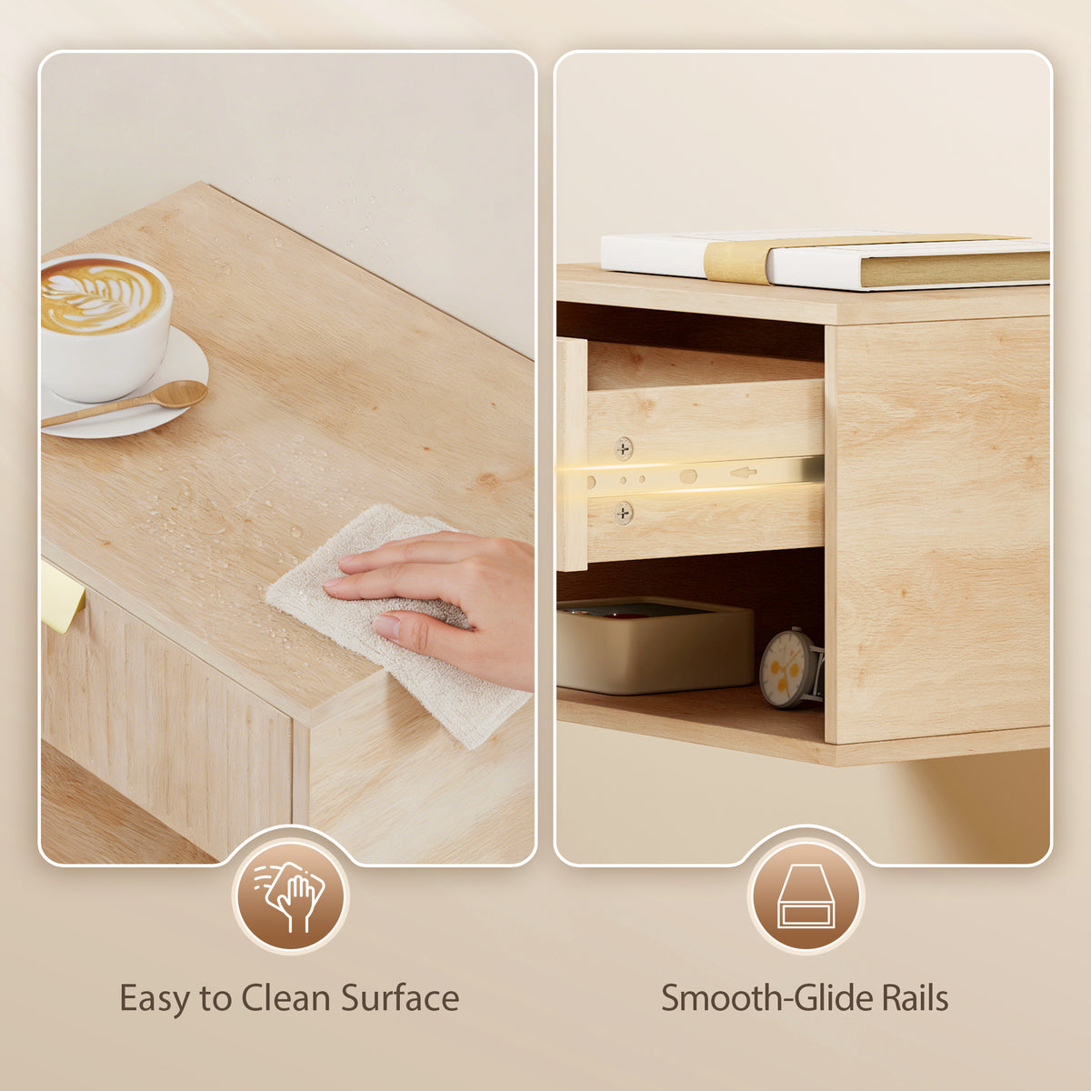 Floating Nightstands with Fluted Drawer, Set of 2 – 16"W x 10"H