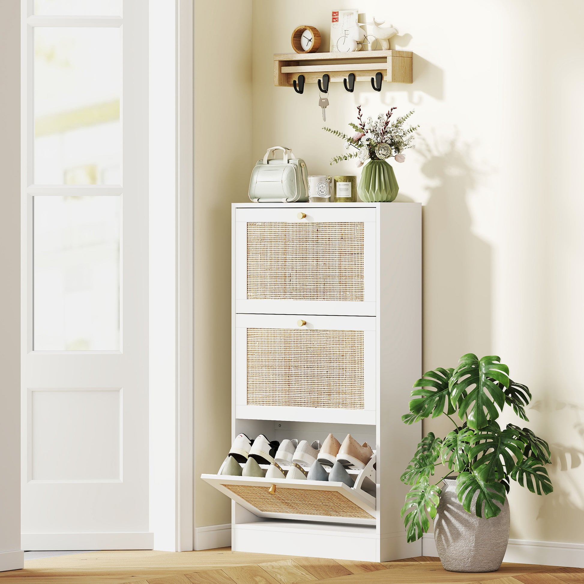 HOMCOM White Rattan Entryway Shoe Cabinet, 3 Flip Drawers, Adjustable Shelves