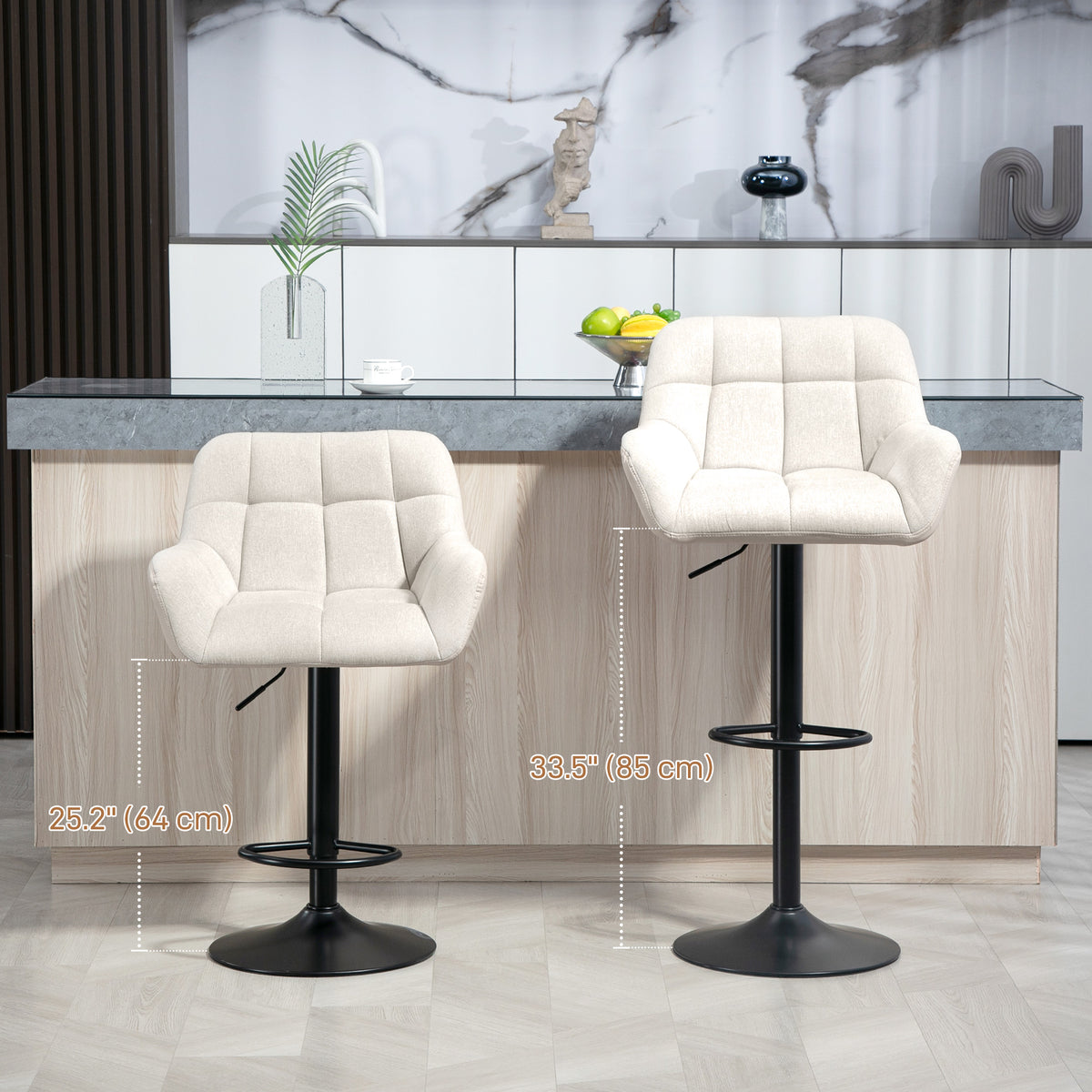 Tufted Swivel Bar Stools with Armrests and Chrome Base, Set of 2, Cream White