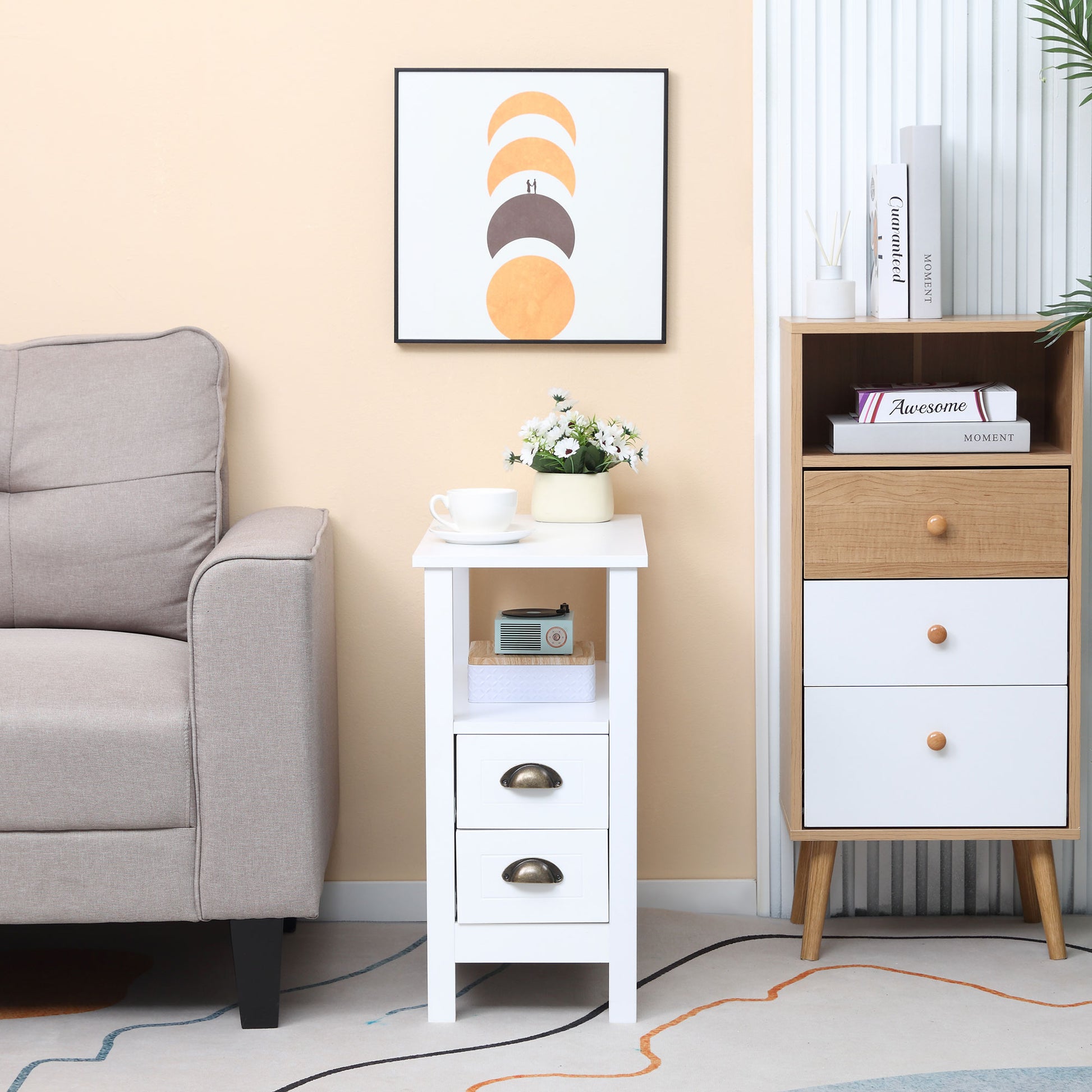 HOMCOM Modern Slim White End Table with 2 Drawers and Storage Shelf