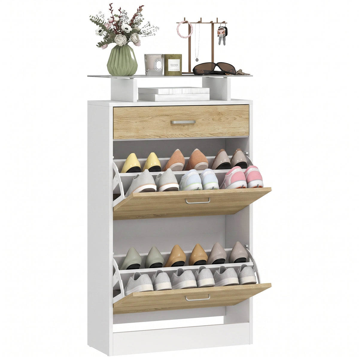 Slim Shoe Organizer Cabinet with 2 Flip Drawers – 24"W x 42"H