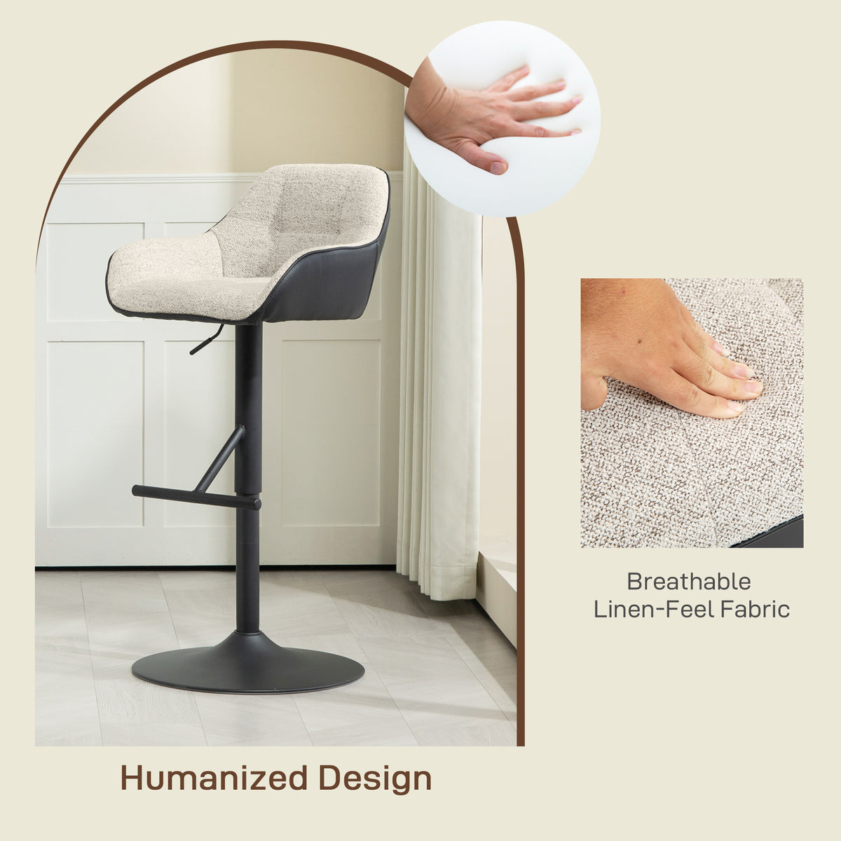 Linen-Look Swivel Bar Stools with Back, Armrests and Footrest, Set of 2