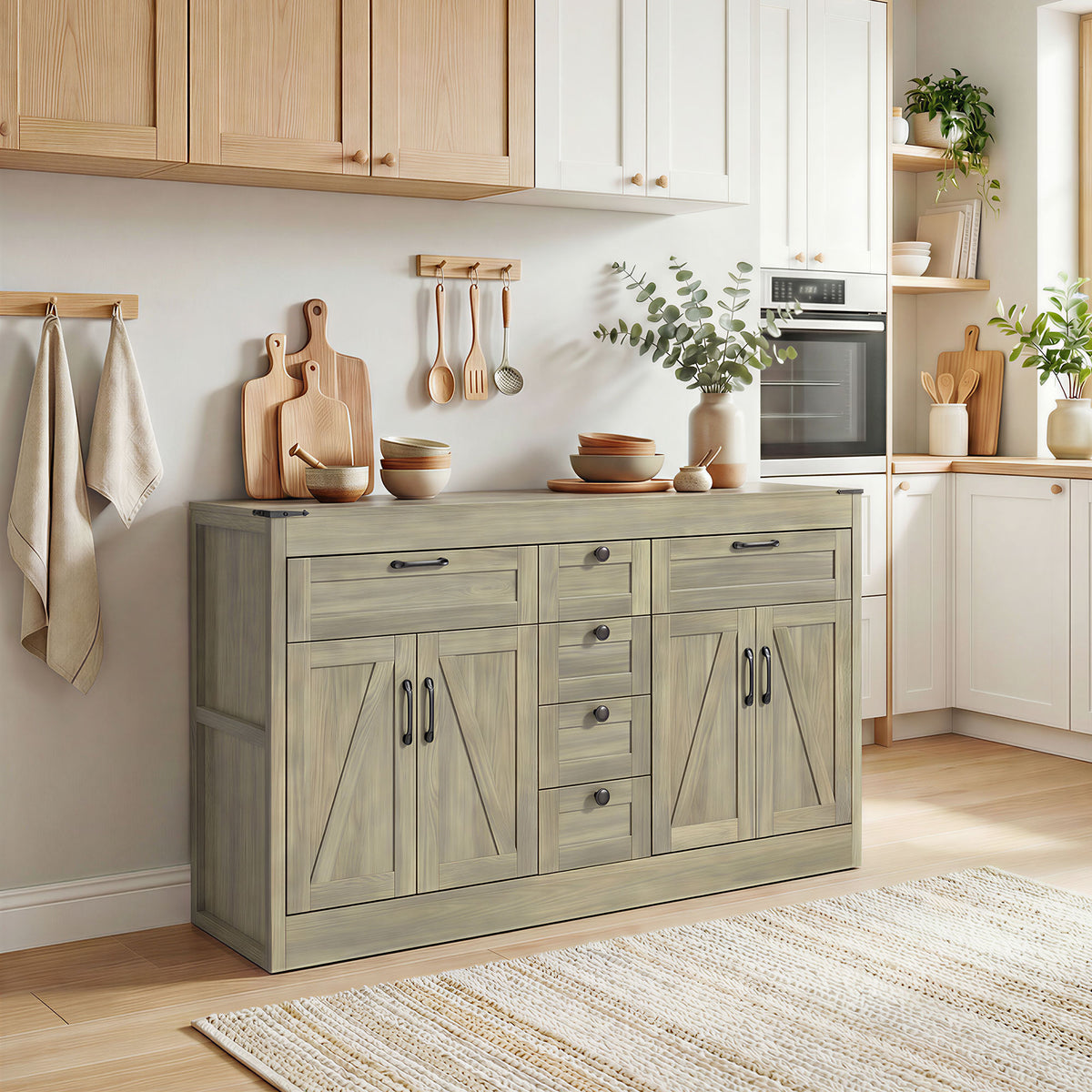 Farmhouse Kitchen Cabinet with 4 Barn Doors – 55"W x 32"H