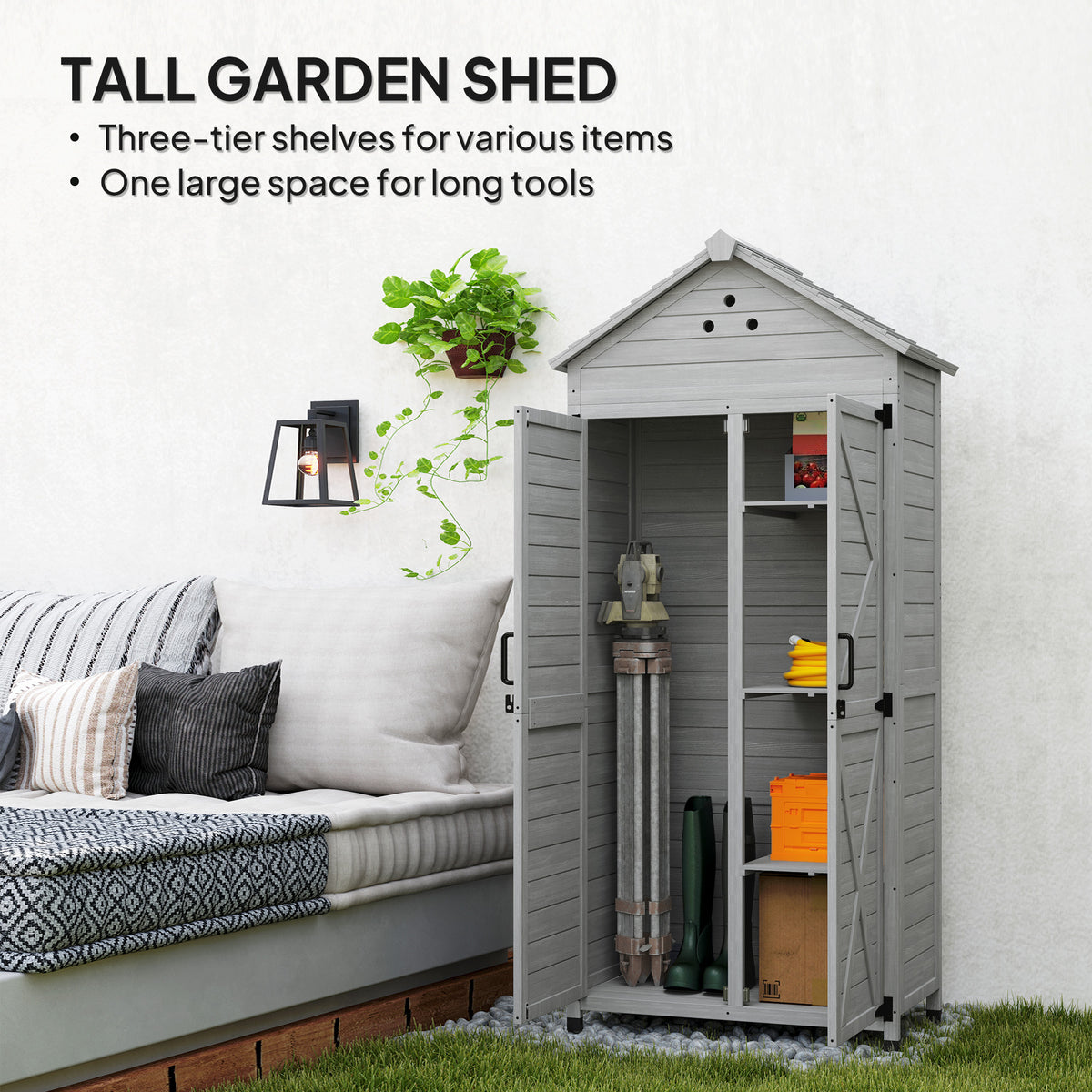 2-in-1 Outdoor Storage Cabinet, Wood Garden Shed with Shelves, Vent Holes, Foot Caps for Backyard, Patio, Lawn