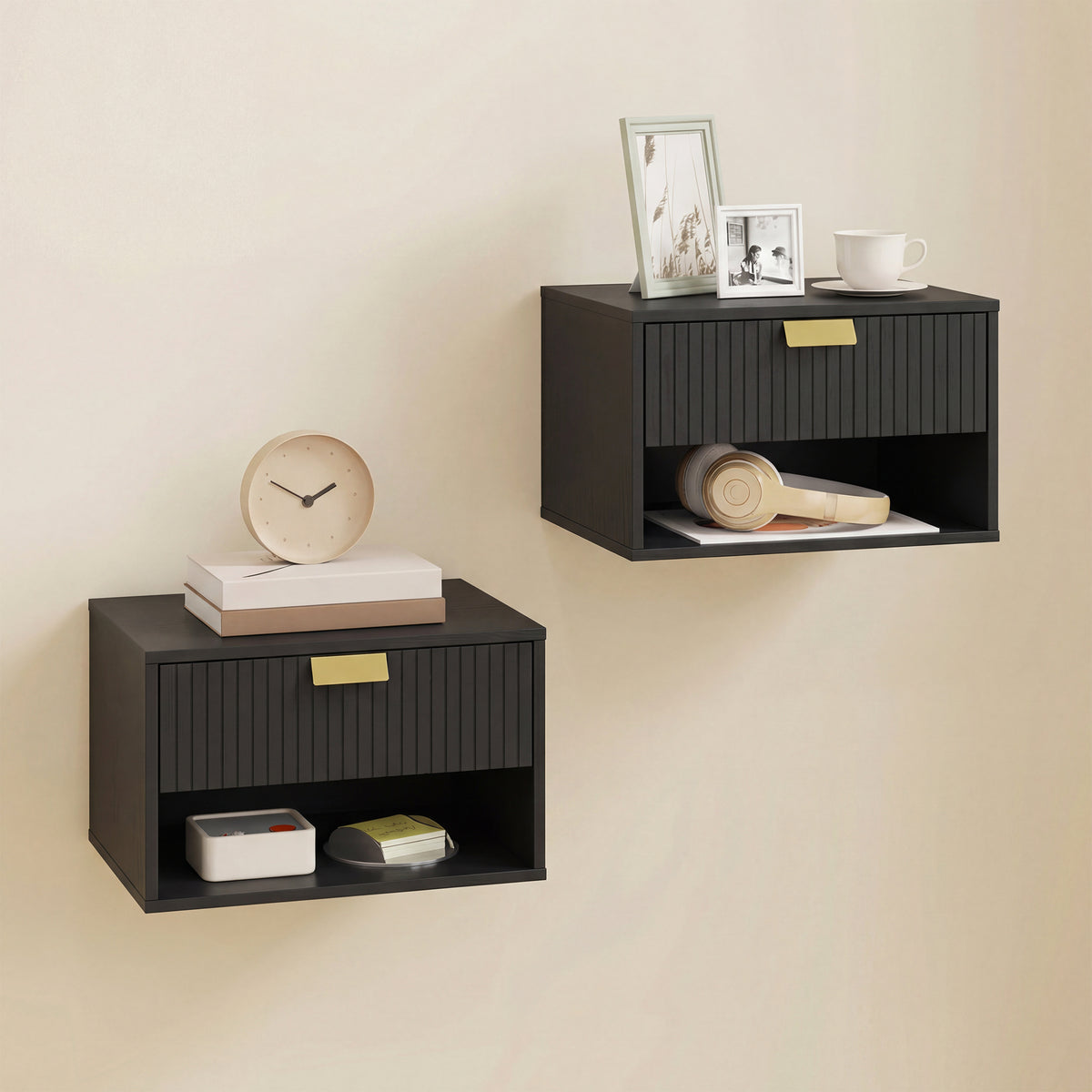 Floating Nightstands with Fluted Drawer, Set of 2 – 16"W x 10"H