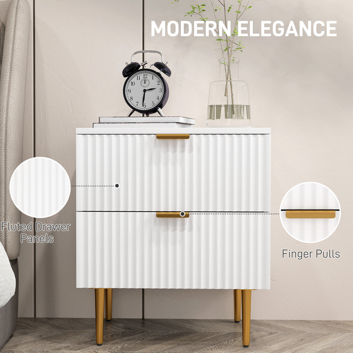 Modern 2-Drawer Nightstand with Metal Legs – 19"W x 22"H