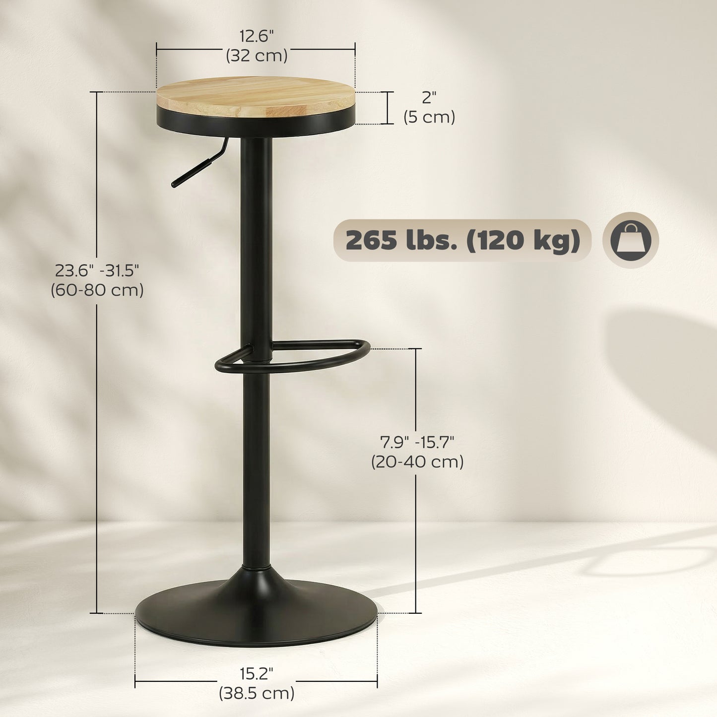 HOMCOM Barstools Set 2 Swivel Adjustable Height Natural Wood Black