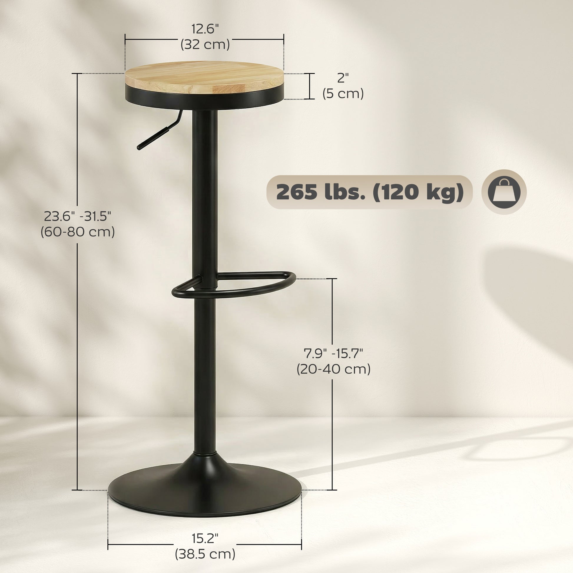 HOMCOM Barstools Set 2 Swivel Adjustable Height Natural Wood Black