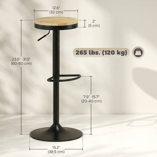 Barstools Set 2 Swivel Adjustable Height Natural Wood Black