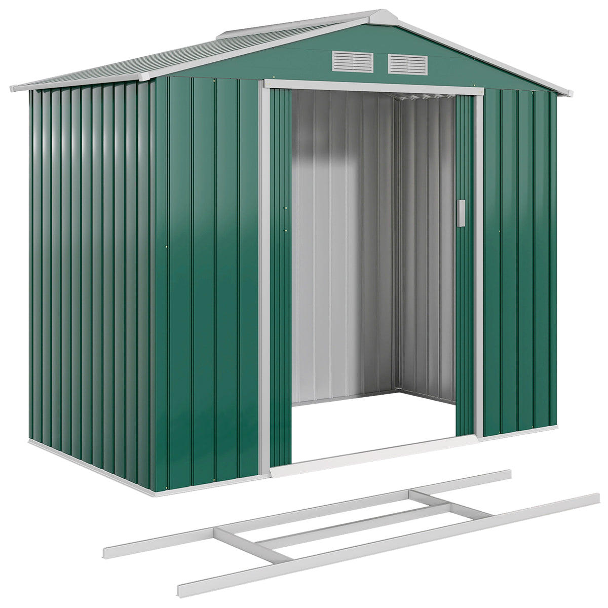 7'x 4'x 6' Garden Tool Shed Metal Storage Shed w/ Foundation Kit, Vents and Double Doors – Green