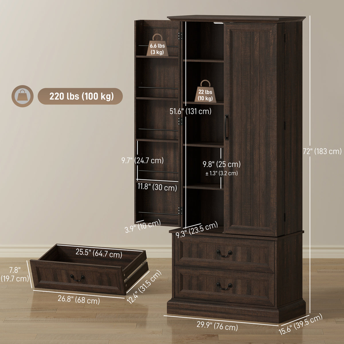 LED Kitchen Pantry Cabinet with 10 Door Shelves and 2 Drawers – 30"W x 72"H