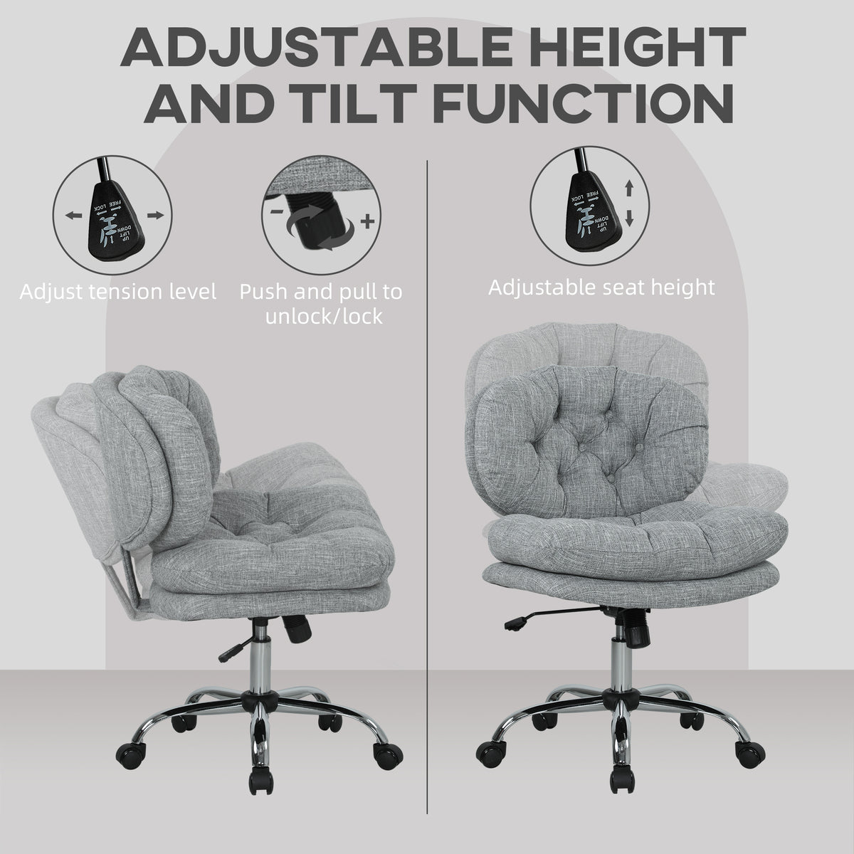 Computer Desk Chair, Armless Office Chair with Wide Padded Seat, Adjustable Height, Tilt Function, Grey