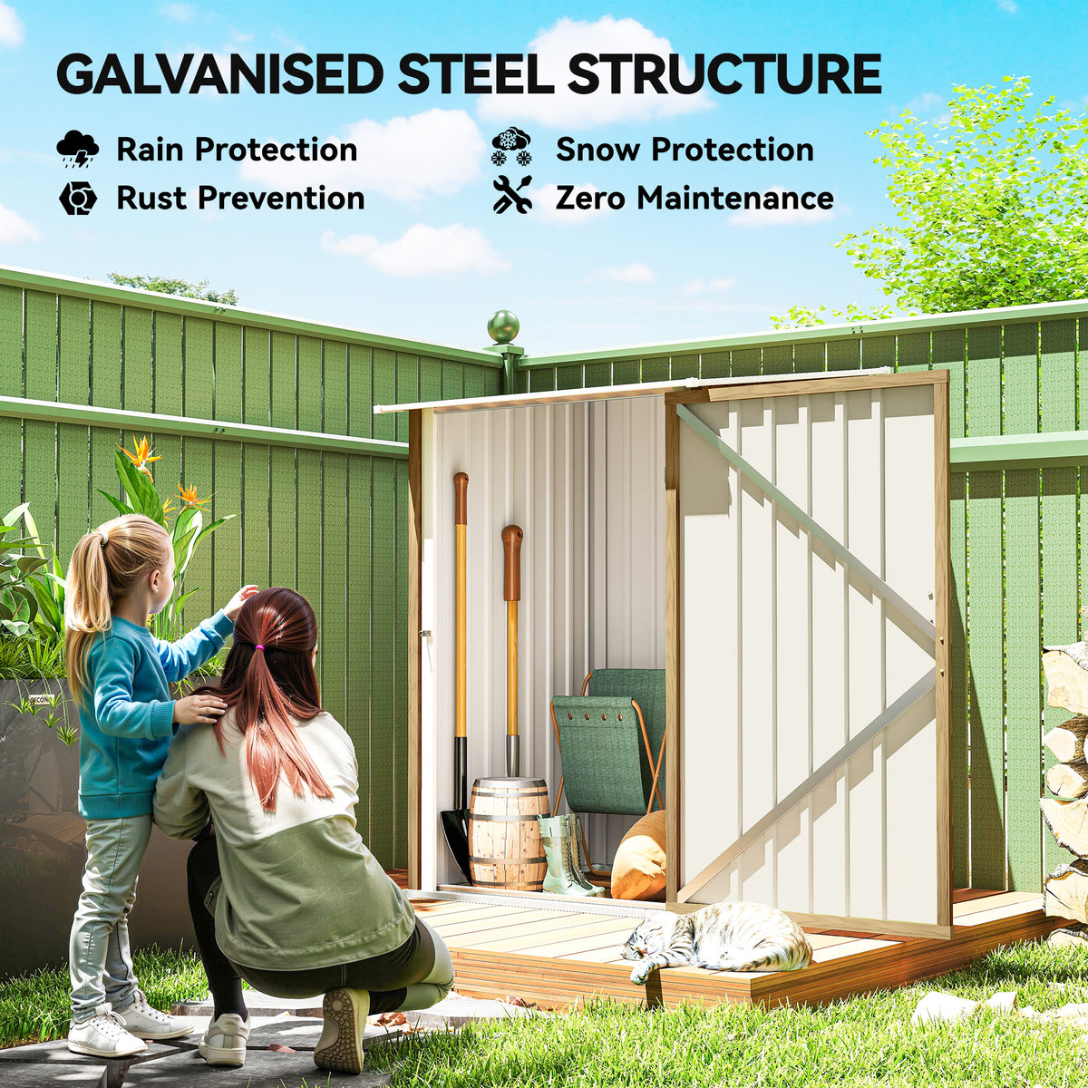 3.3' x 3.4' Lean-to Outdoor Garden Storage Shed, Galvanized Steel with Lockable Door for Patio – Brown