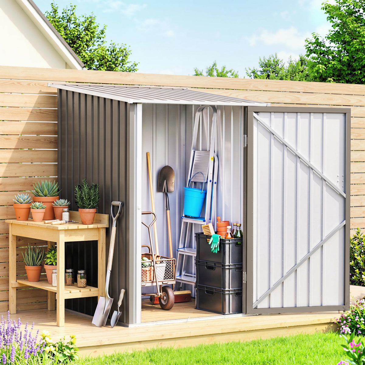 3.3' x 3.4' Lean-to Outdoor Garden Storage Shed, Galvanized Steel with Lockable Door for Patio – Brown And White