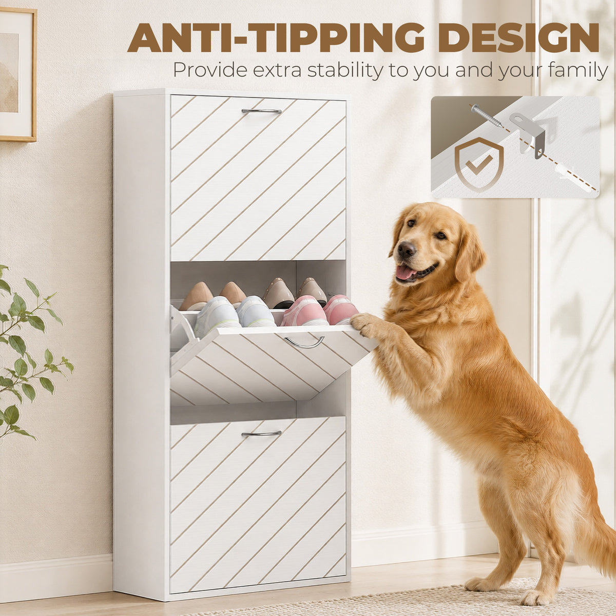 Shoe Storage Cabinet with 3 Flip Drawers – 22"W x 46"H