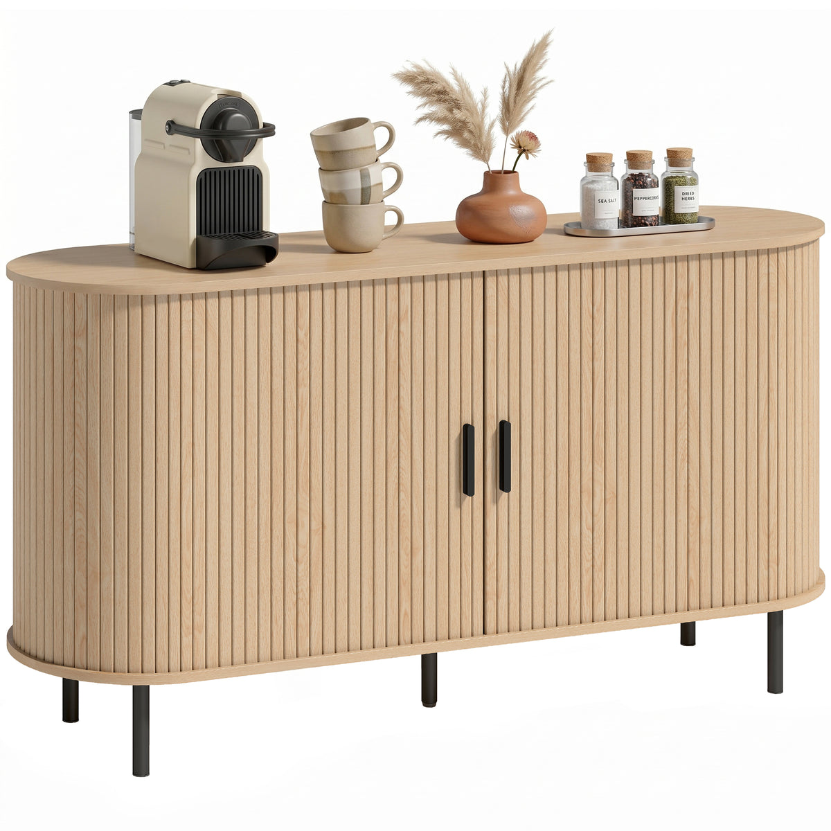 Mid Century Coffee Bar Cabinet with Sliding Doors and Adjustable Shelves – 55"W x 30"H