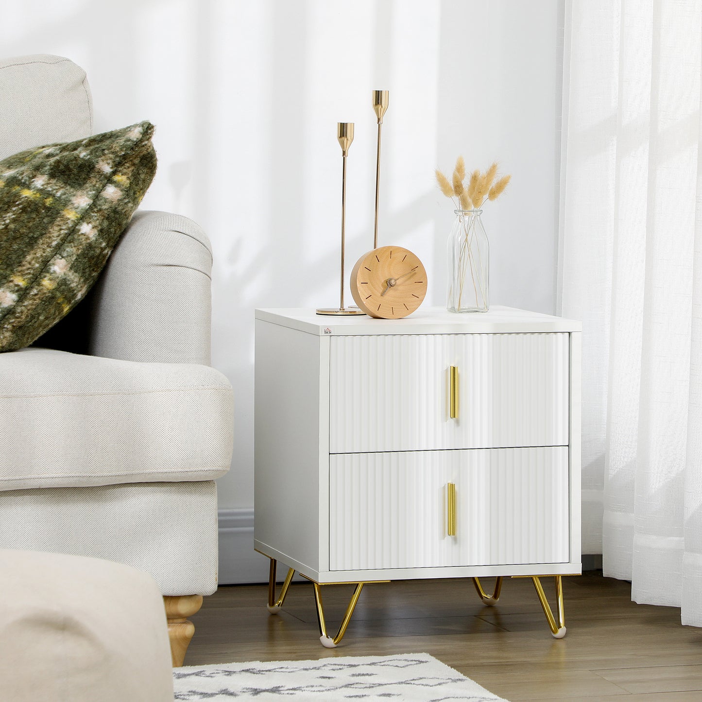 Modern White Nightstand Bedside Table with 2 Storage Drawers, Gold Metal Legs