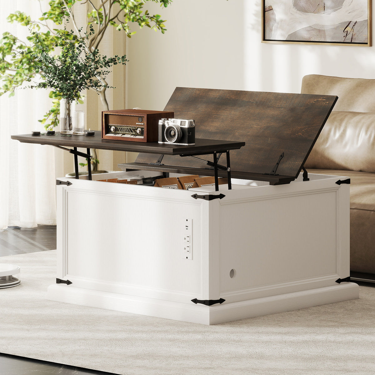 Square Lift-Top Coffee Table with Charging Station and Hidden Storage