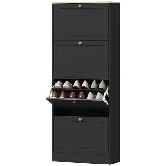 Space-Saving Black Shoe Cabinet: 4 Flip Drawers, Adjustable Shelves, 18-24 Pairs