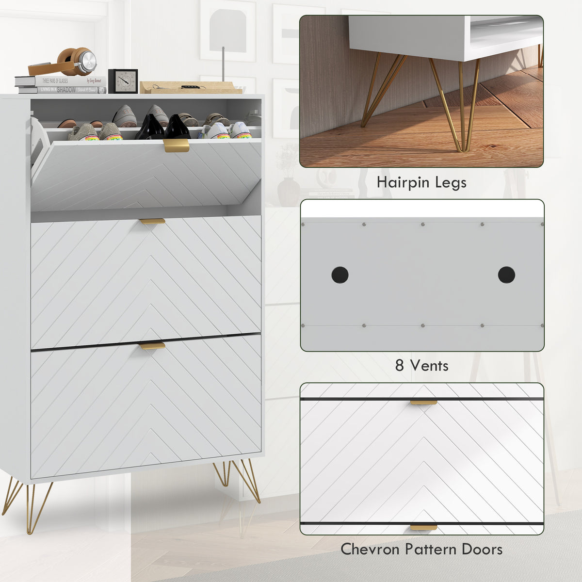 Modern Shoe Storage Cabinet with 3 Flip Drawers – 31"W x 50"H