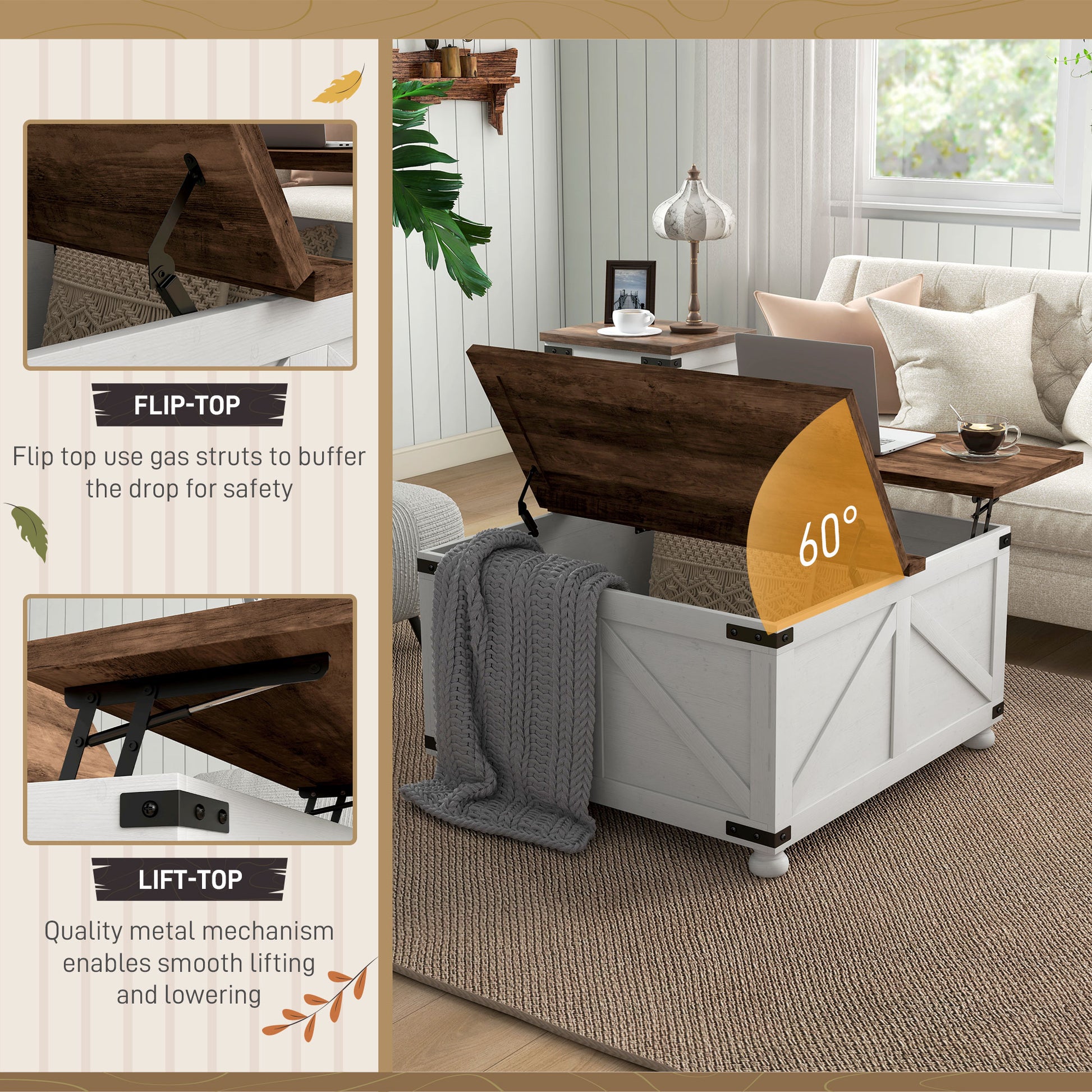 HOMCOM Coffee Table With Lift Top 32" Farmhouse Center Table, Antique White