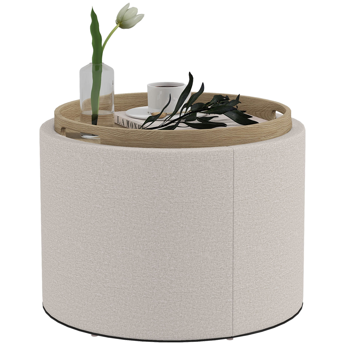 Round Storage Ottoman Coffee Table with Tray Top, Linen Upholstered