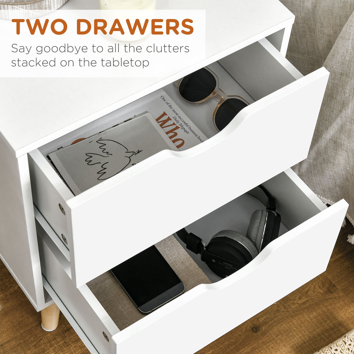 2-Drawer Nightstand with Pine Wood Legs – 16"W x 20"H