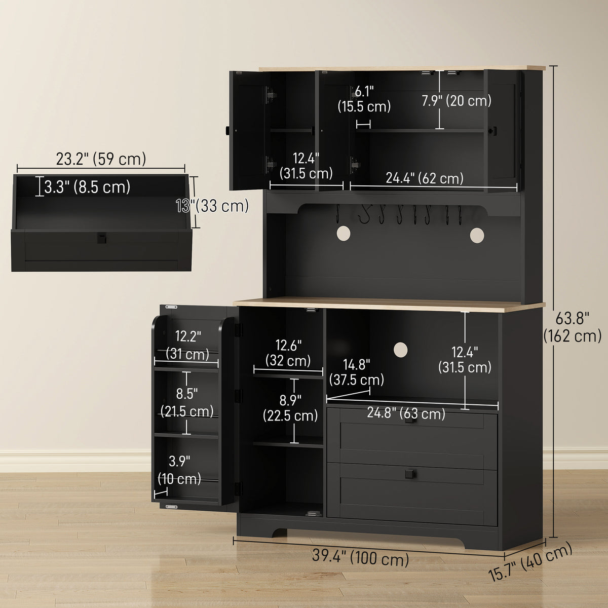 Tall Kitchen Hutch with 3 Cabinets – 39"W x 64"H