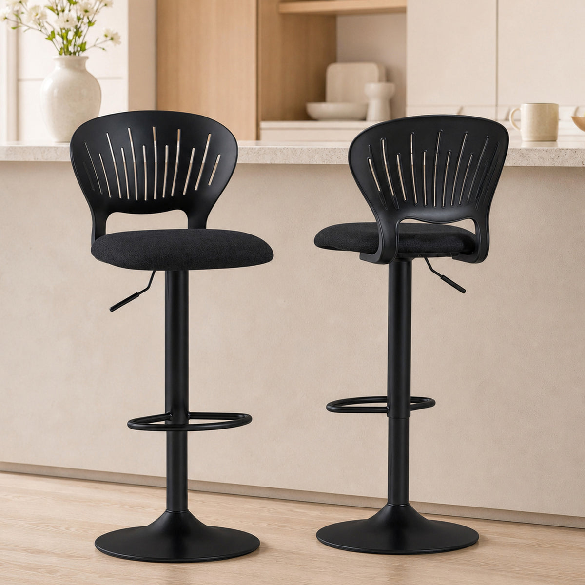 Linen-Look Swivel Counter Stools with Hollow Backrest and Footrest, Set of 2, Black