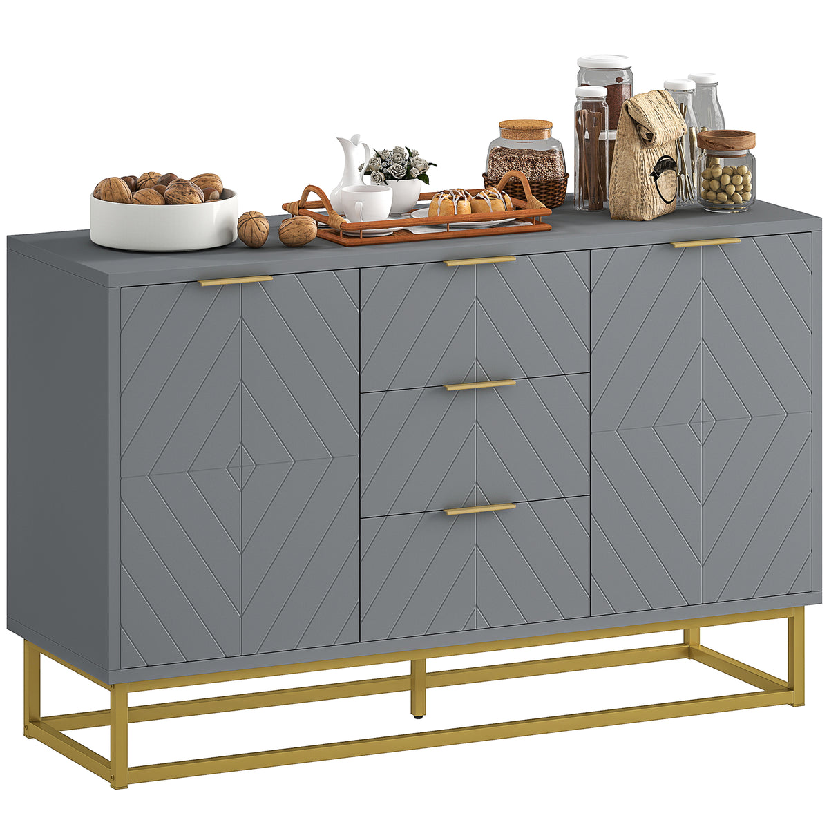 47" Sideboard with 3 Drawers and Gold Base, Grey