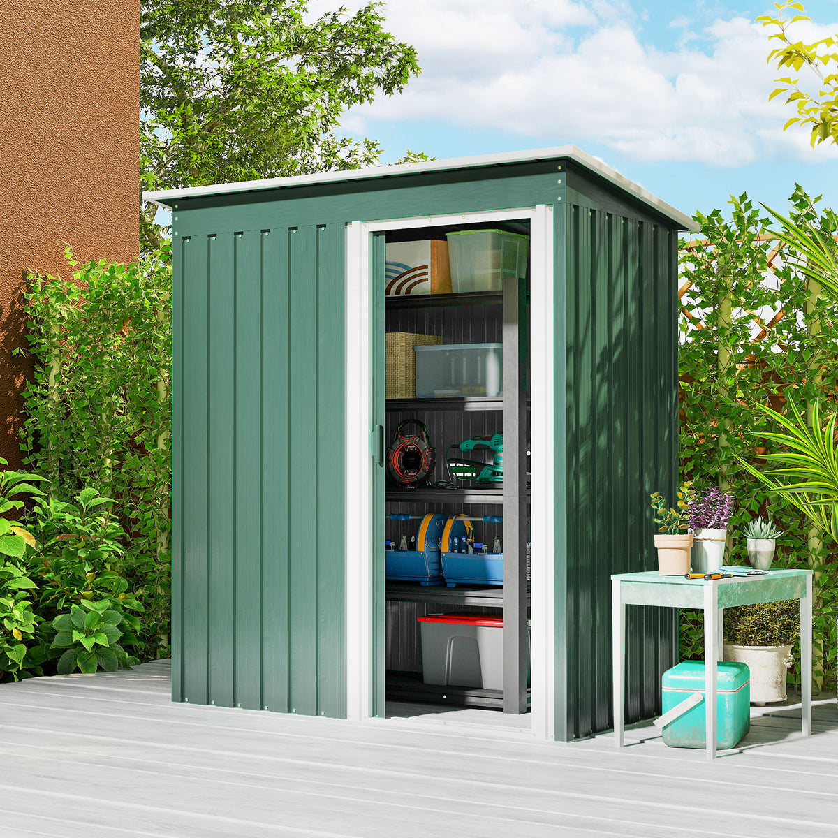 5 x 3 FT Outdoor Storage Shed with Sliding Door and Sloped Roof, Steel Frame Garden Shed Tool Equipment – Green