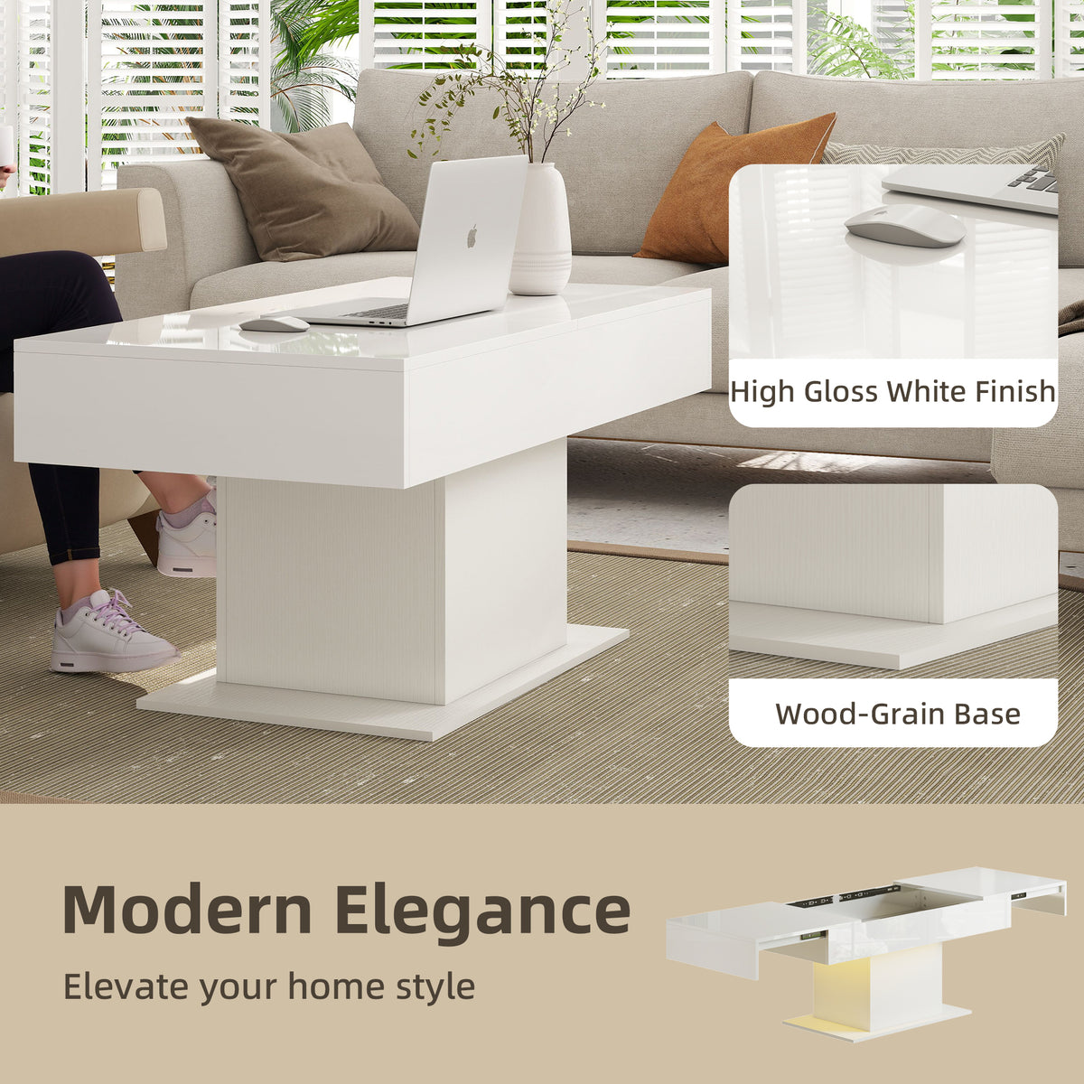 Extendable LED Coffee Table with Hidden Storage, High Gloss White