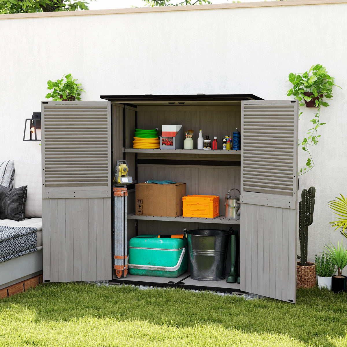 Outdoor Storage Cabinet, Wood Garden Shed with Steel Frame, Asphalt Roof, 2 Shelves and Lockable Doors