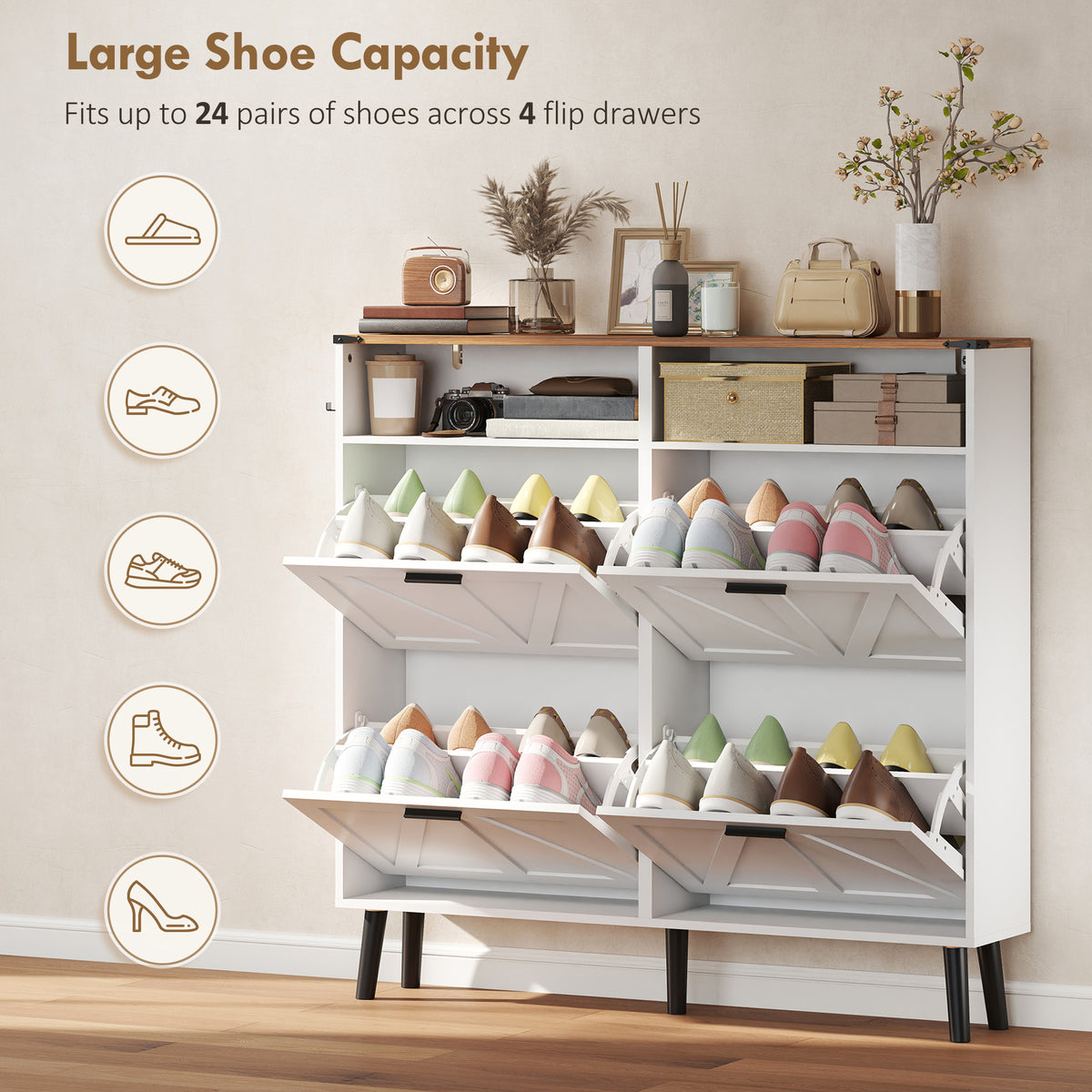 Shoe Storage Cabinet with 4 Flip Drawers – 47"W x 45"H