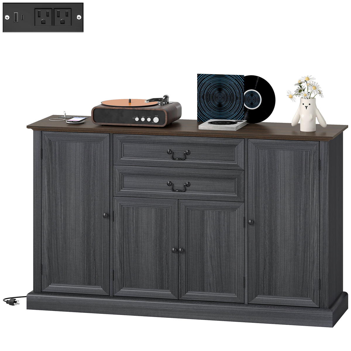 Farmhouse Sideboard with Charging Station and Thickened Top – 58"W x 34"H