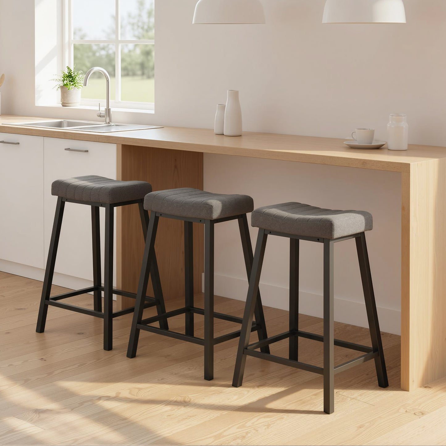 HOMCOM Velvet Upholstered Bar Stools Set of 3 Grey