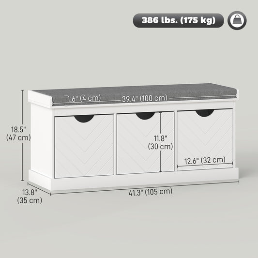 HOMCOM Entryway Shoe Storage Bench with Padded Seat, 3 Removable Drawers, Linen-Look Fabric, White