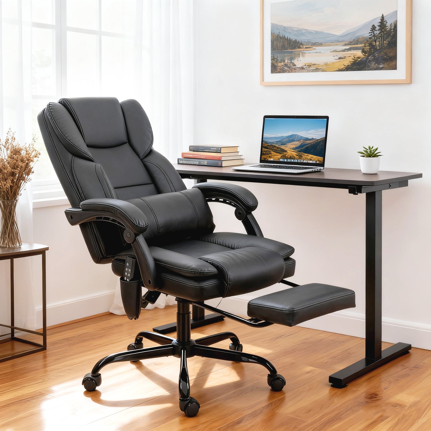 HOMCOM Ergonomic Massage Office Chair with Reclining Footrest, Lumbar Support, Black