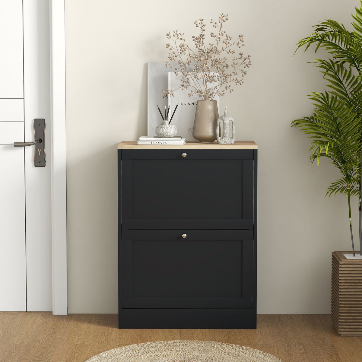 Slim Modern Shoe Cabinet with 2 Flip Drawers – 24"W x 32"H