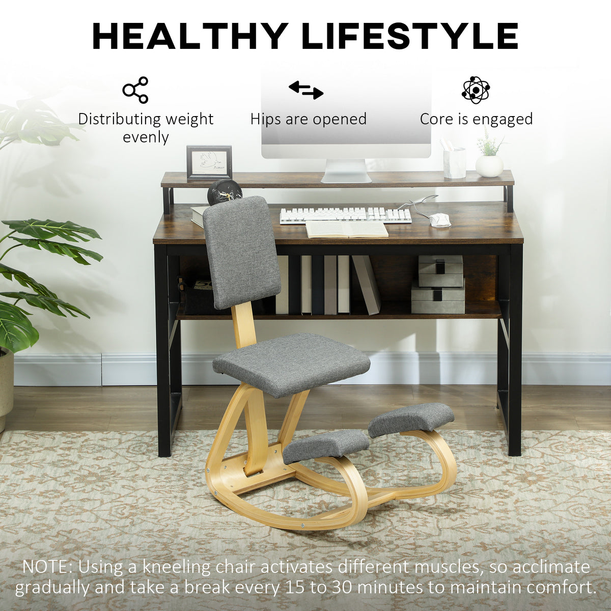 Ergonomic Kneeling Chair, Rocking Wood Kneel Stool with Backrest for Improved Posture, Grey