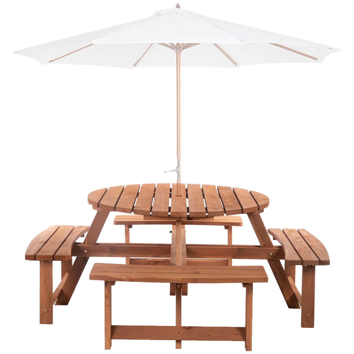 8 Seater Round Wooden Pub Bench & Picnic Table, Patio Dining Set for Outdoor Patio (Umbrella Not Included) – Brownish Red
