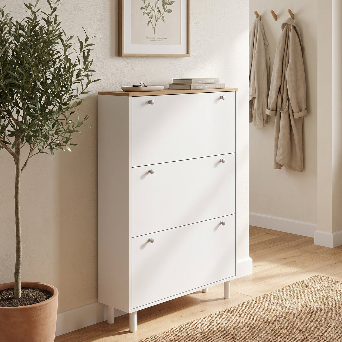 Modern Entryway Shoe Cabinet with 3 Flip Drawers – 32"W x 48"H