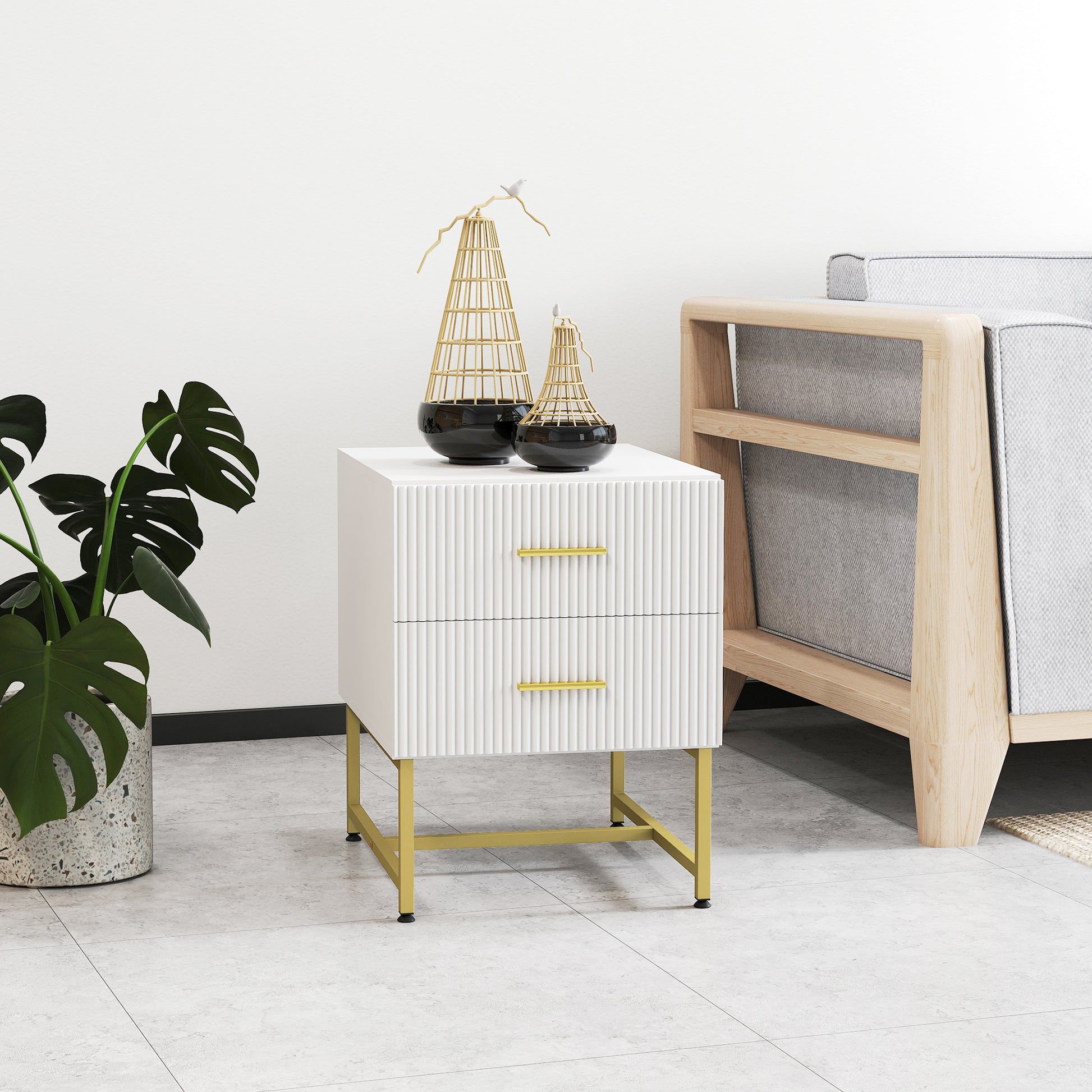 Modern White Nightstands Set, 2 Fluted Drawers, Gold Legs, Bedroom Storage Tables