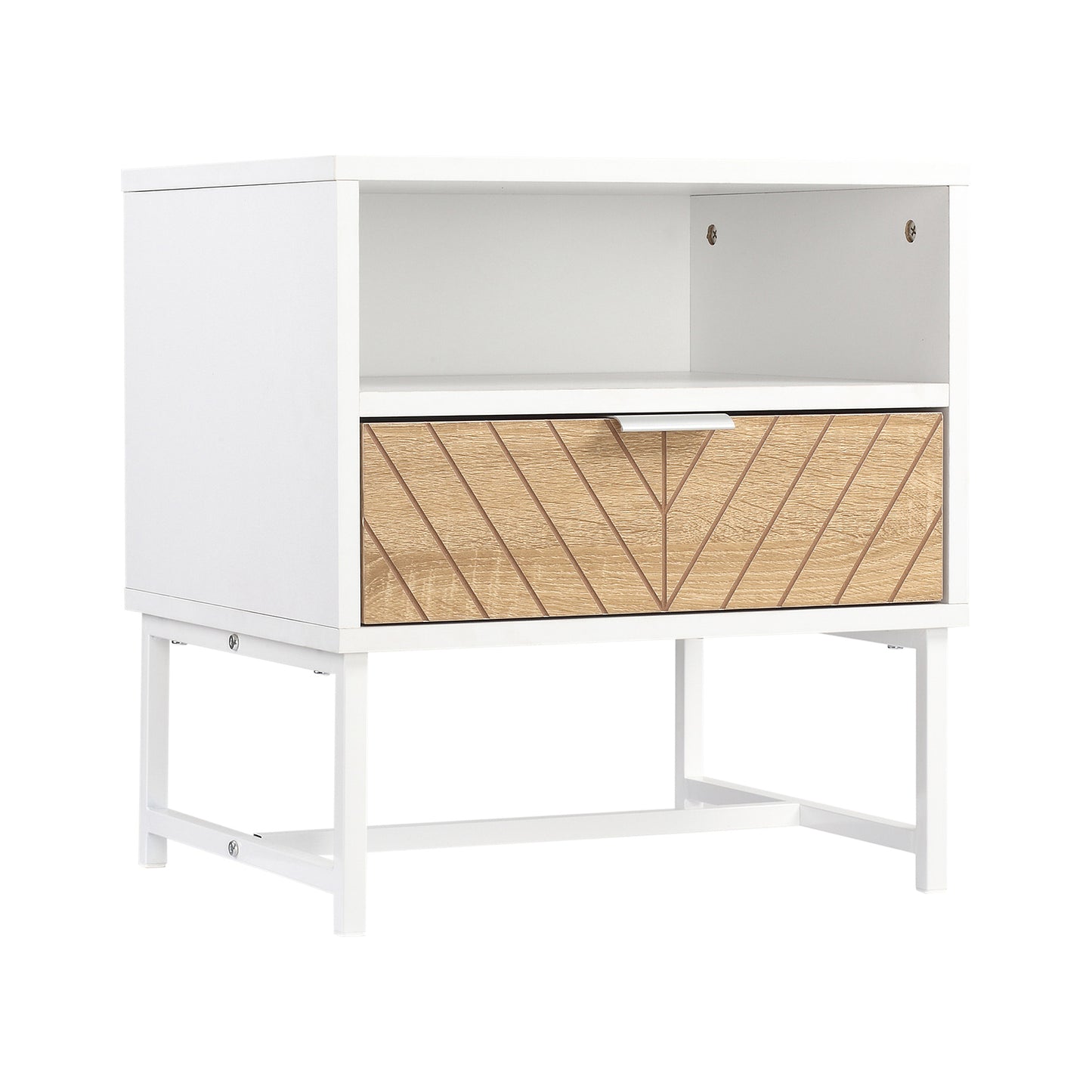 Modern Bedside Table with Drawer and Shelf, White Oak Nightstand
