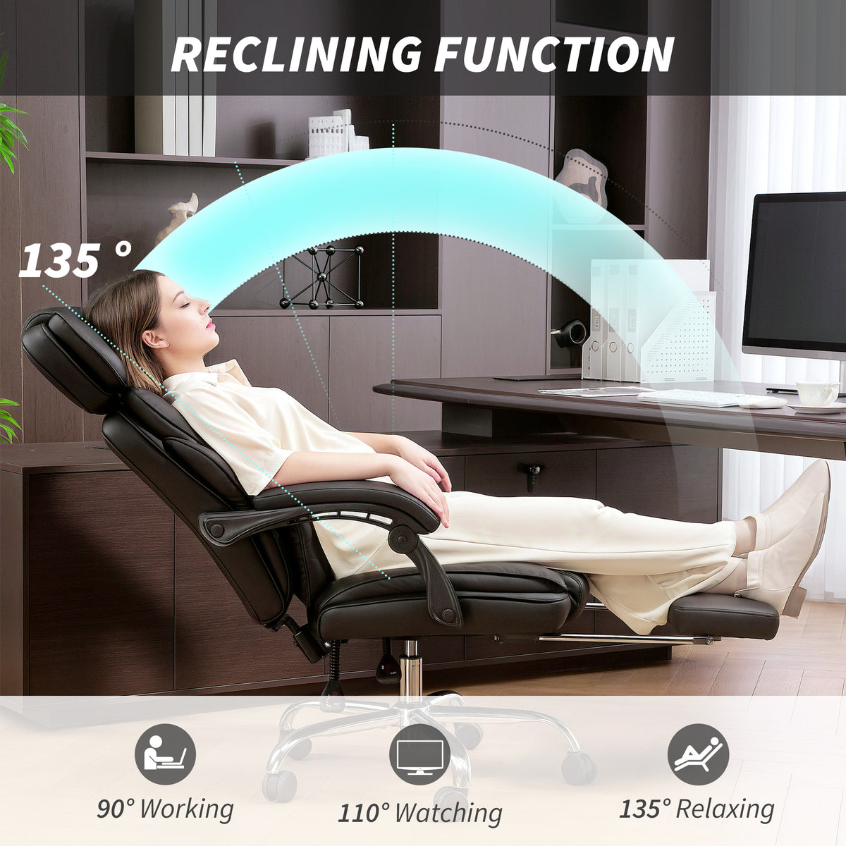 PU Leather Office Chair, Reclining Desk Chair with Footrest, Adjustable Headrest, Black