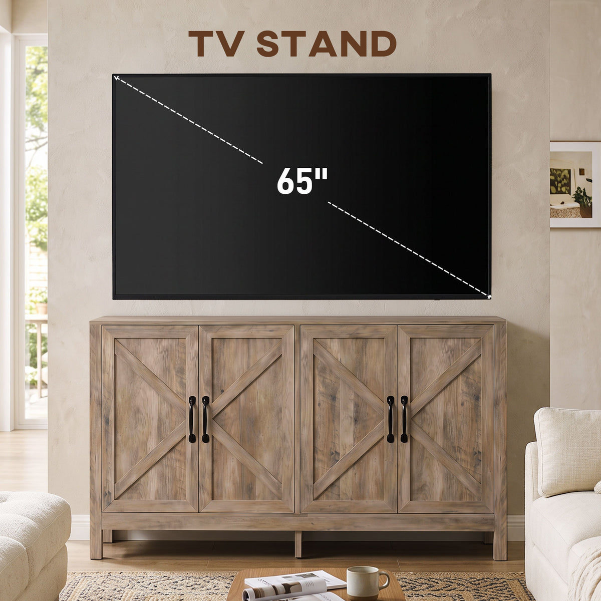 60" Sideboard Buffet with Barn Doors, Light Grey