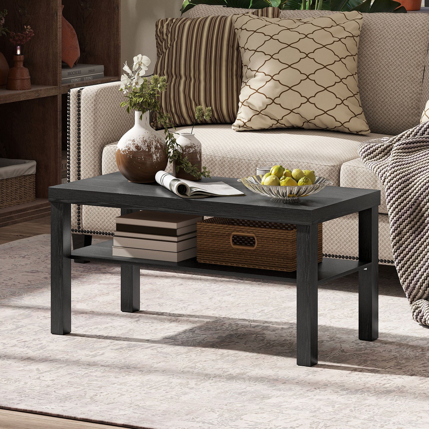 HOMCOM Modern Black 2-Tier Rectangular Coffee Table with Storage Shelf