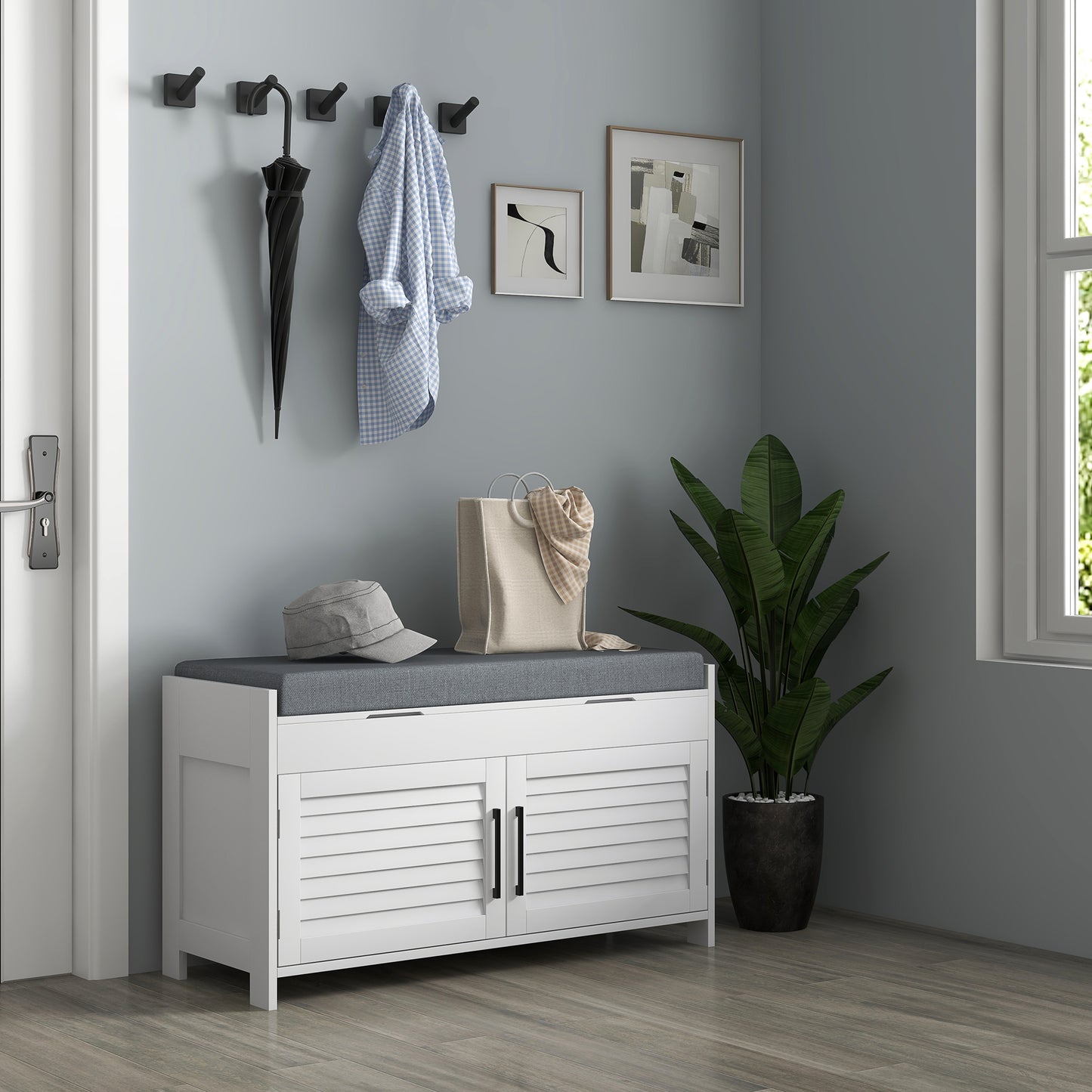 White Entryway Shoe Storage Bench: Cushioned Seat, Hidden Compartments, Adjustable Shelves